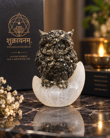Shukrayanamah Premium Pyrite Owl with Selenite Moon – Prosperity, Protection & Vastu Crystal Showpiece