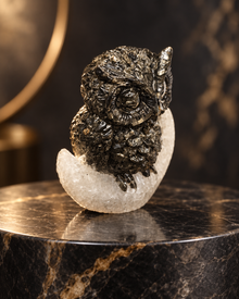 Shukrayanamah Premium Pyrite Owl with Selenite Moon – Prosperity, Protection & Vastu Crystal Showpiece